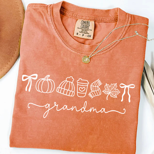 Comfort Colors® Personalized Grandma Fall T-Shirt, Pumpkin Coffee Autumn Leaves Shirt, Custom Grandma Name Thanksgiving Gift, Custom Family Names Gift for Grandma