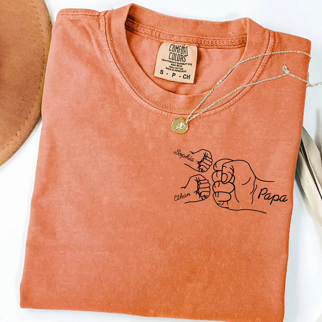 Comfort Colors® Personalized Papa Fist Bump Shirt Custom Kids Names, Grandpa Family Hand Line Art T Shirt for Papa Dad Grandfather, Matching Family Fathers Day Birthday Gift from Kids Grandchildren