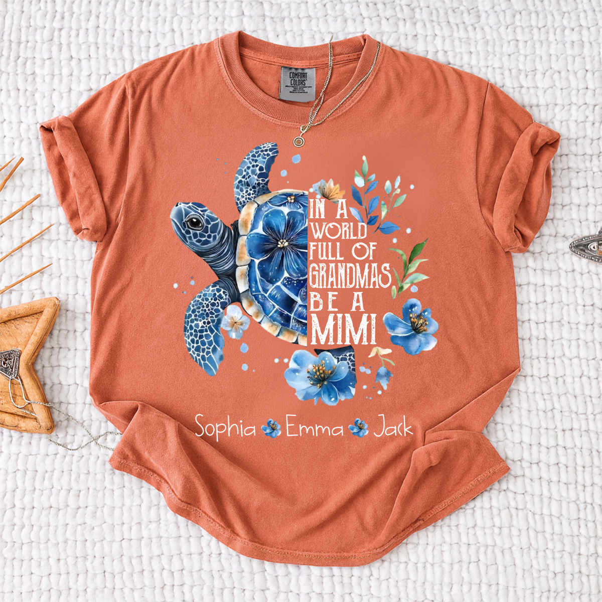 Comfort Colors® In A World Full Of Grandmas Be A Mimi Shirt, Sea Turtle Floral T-Shirt, Personalized Mimi Gift, Grandma Beach Tee