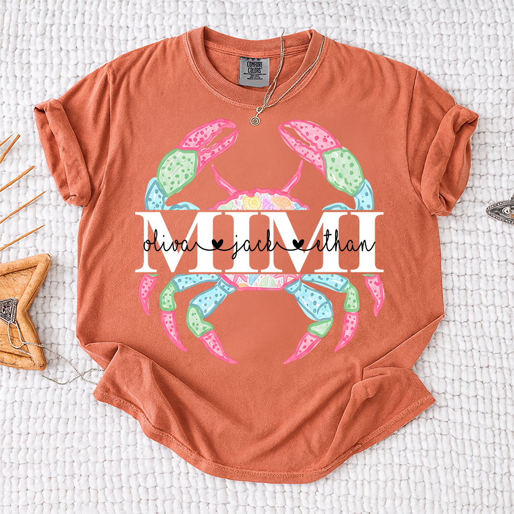 Comfort Colors Personalized Mimi Crab Shirt, Custom Grandkids Names Beach Shirt, Coastal Grandma Summer Shirt, Ocean Lover Gift for Grandma