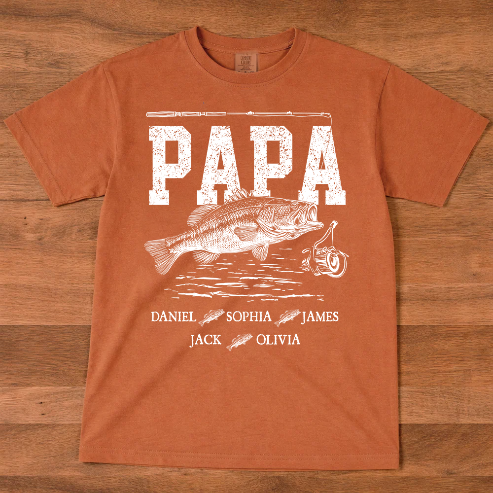 Comfort Colors® Papa Fishing Custom Name, Personalized Dad Papa Grandpa and Grandkids Gift  Father's Day T-shirt