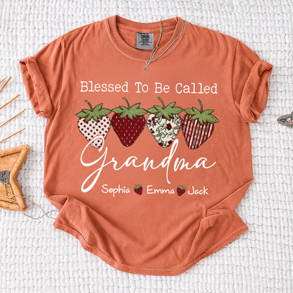 Comfort Colors® Personalized Blessed To Be Called Grandma, Custom Grandkids Names T-Shirt, Strawberry Patchwork Gift T-Shirt