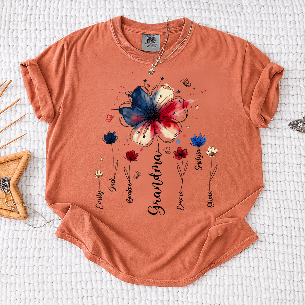 Personalized Grandma Wildflower Shirt, Custom Kids Names Floral Tee for Nana Mimi Gigi Grammy, Patriotic Flower Gift for Grandma Birthday Mothers Day Shirt