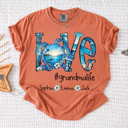 Comfort Colors® Personalized Love grandmalife Sea Turtle Shirt, Custom Family Names Gift for Grandma Shirt, Gift for Mimi Nana Gigi