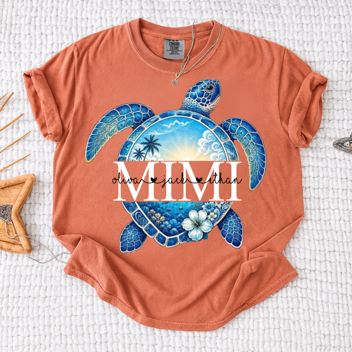 Comfort Colors® Personalized Mimi Sea Turtle Shirt, Custom Grandkids Names Beach Tee, Coastal Ocean Summer Gift for Grandma