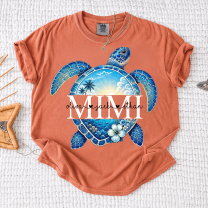 Comfort Colors® Personalized Mimi Sea Turtle Shirt, Custom Grandkids Names Beach Tee, Coastal Ocean Summer Gift for Grandma