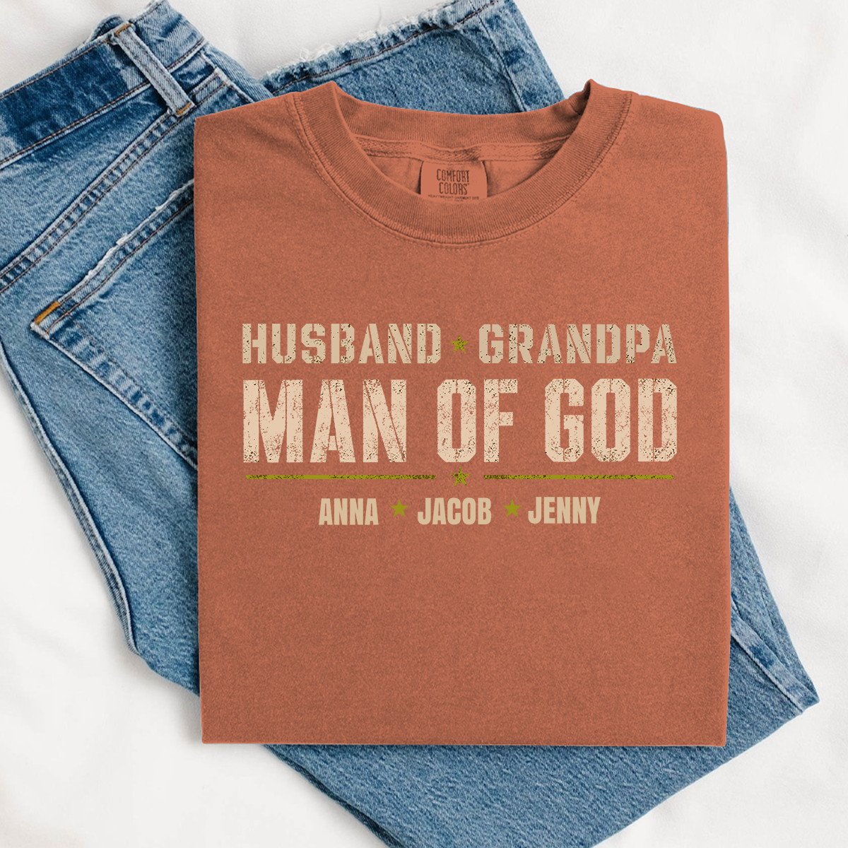 Comfort Colors® Personalized Husband Grandpa Man of God Shirt with Kids Names, Custom Family Nickname T-Shirt for Dad Fathers Day Birthday