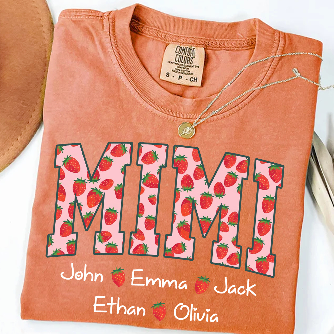 Comfort Colors® Personalized Mimi Strawberry Shirt, Custom Grandma Shirt with Grandkids Names, Cute Strawberry Graphic T-Shirt