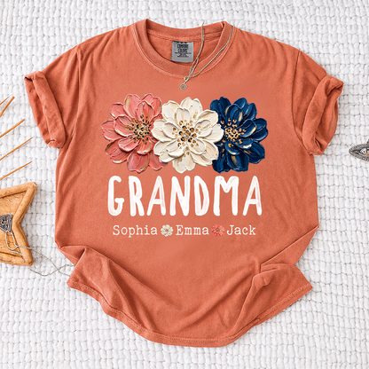 Comfort Colors® Patriotic Floral Grandma T-Shirt, Personalized Nana Mimi Mama Shirt with Kids Names, 4th of July Independence Day Gift