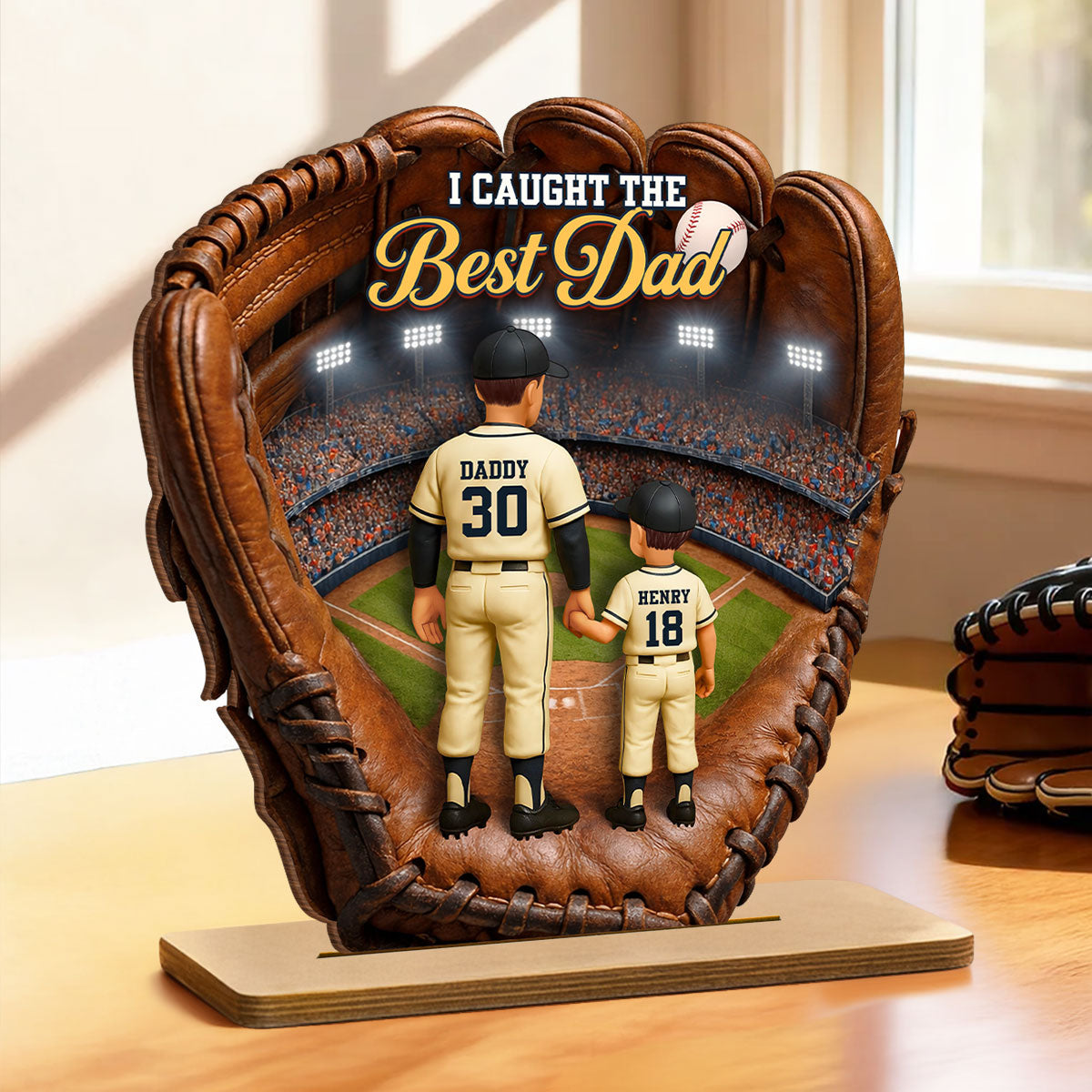 Personalized Baseball Glove Wooden Plaque for Dad – Custom Baseball Dad Gift with Kids Names, Father’s Day Decor 2-Layered Wooden Plaque