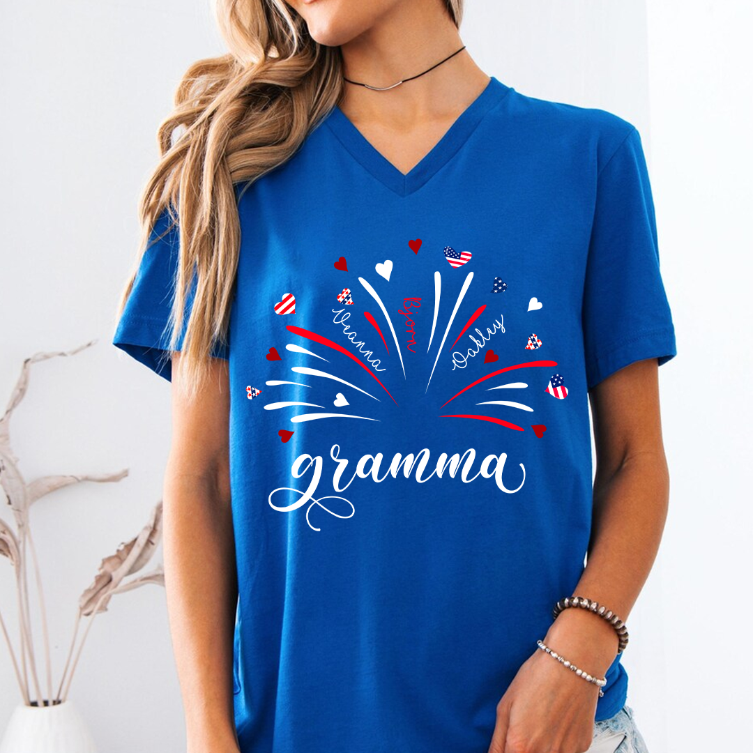 Firework America Flag Grandma And Kids Vneck