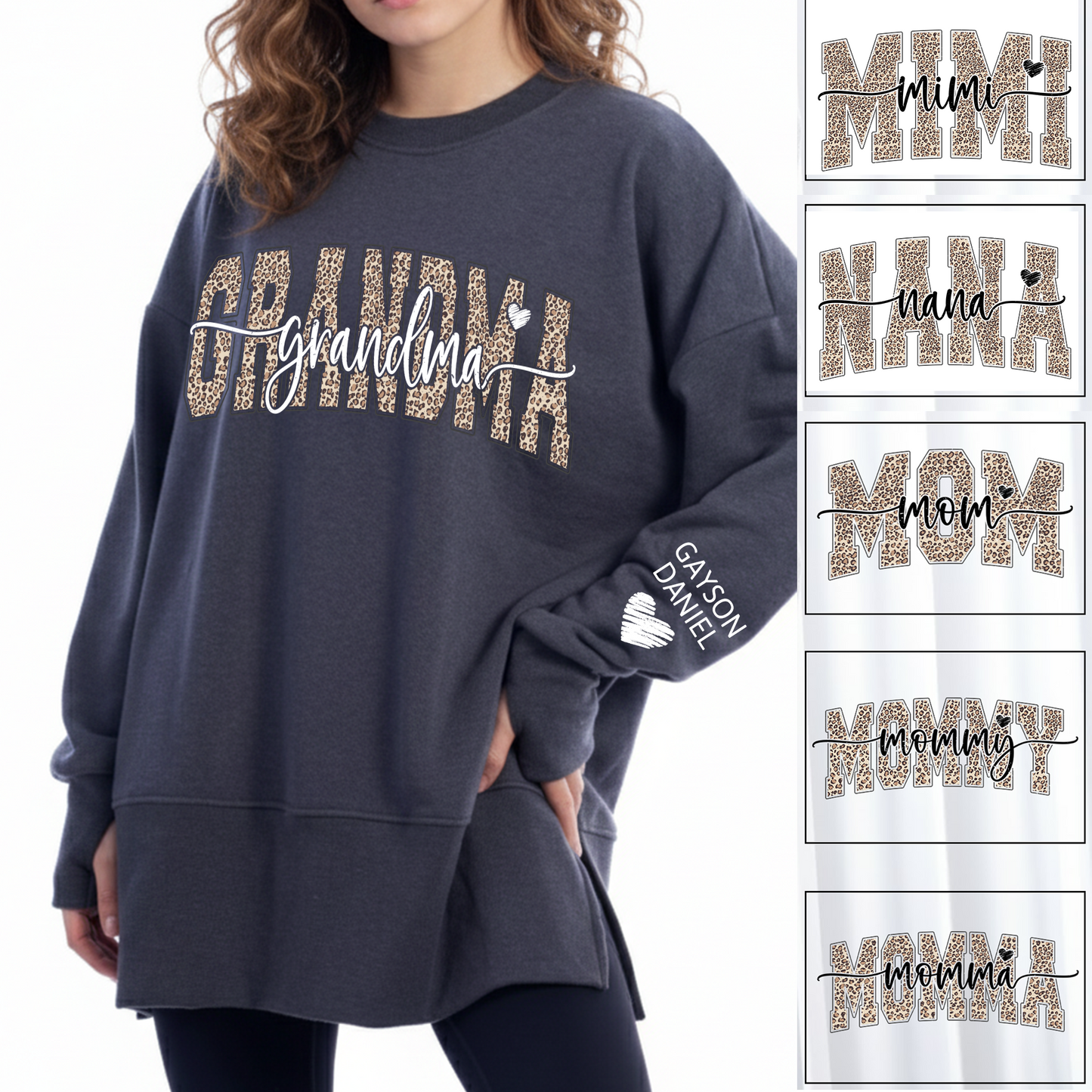 Personalized Leopard Mama And Kids Women Oversized Sweatshirts Thumbhole Long Sleeve, Thumbhole Fall Side Slit Pullover