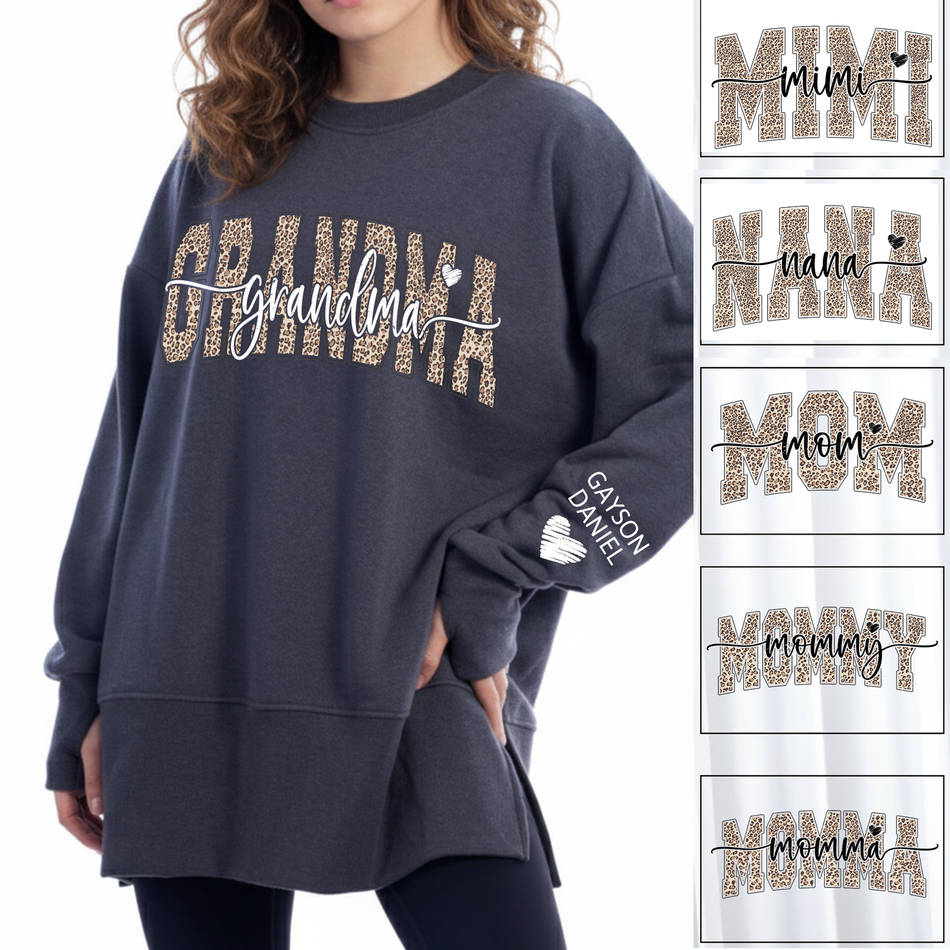 Personalized Leopard Mama And Kids Women Oversized Sweatshirts Thumbhole Long Sleeve, Thumbhole Fall Side Slit Pullover