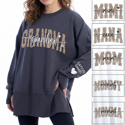 Personalized Leopard Mama And Kids Women Oversized Sweatshirts Thumbhole Long Sleeve, Thumbhole Fall Side Slit Pullover