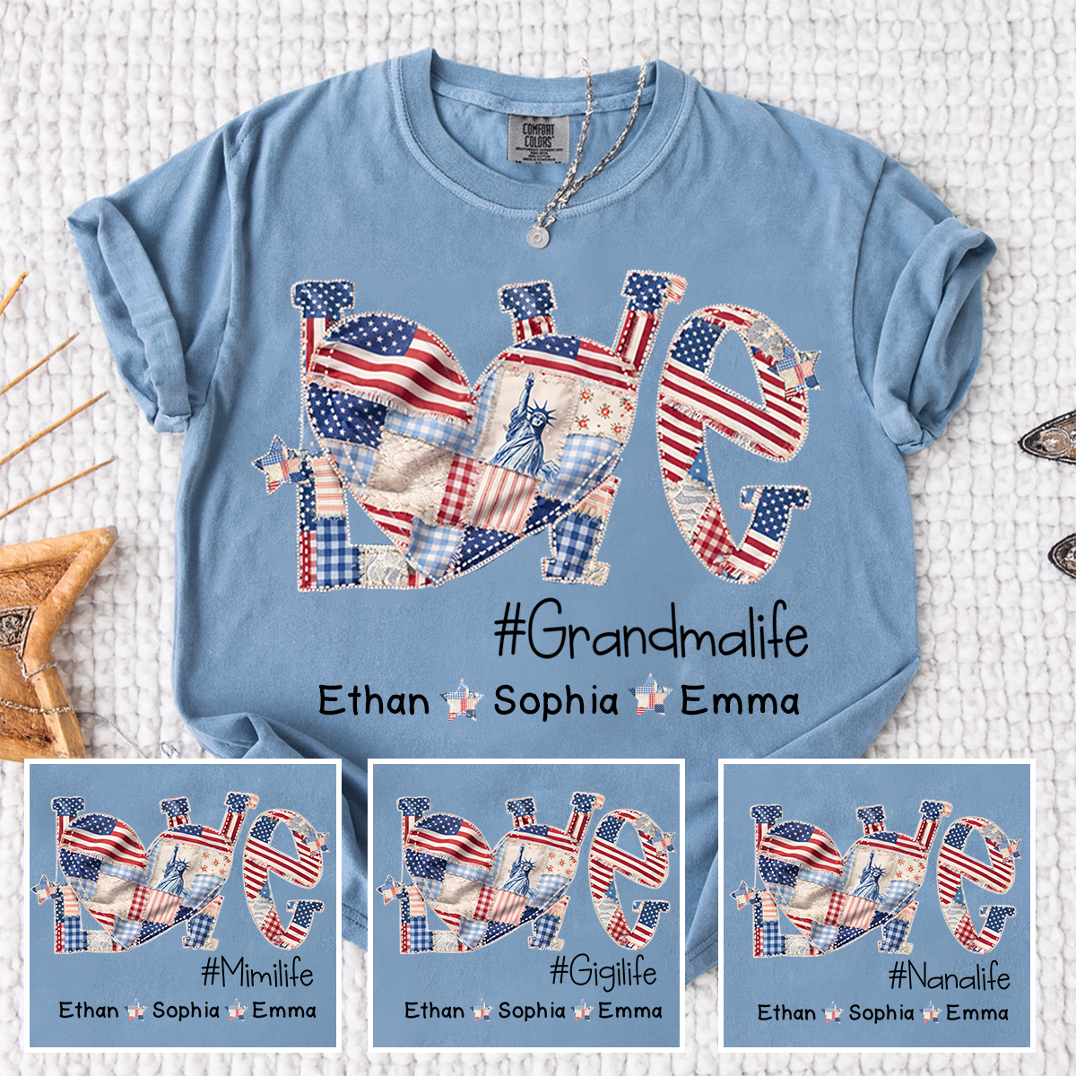 Grandma Patriotic Shirt, Love Grandmalife T-Shirt with Custom Names and Flag Design