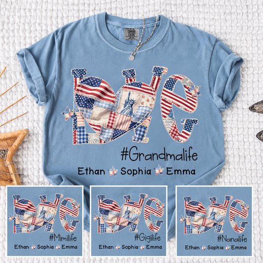 Grandma Patriotic Shirt, Love Grandmalife T-Shirt with Custom Names and Flag Design
