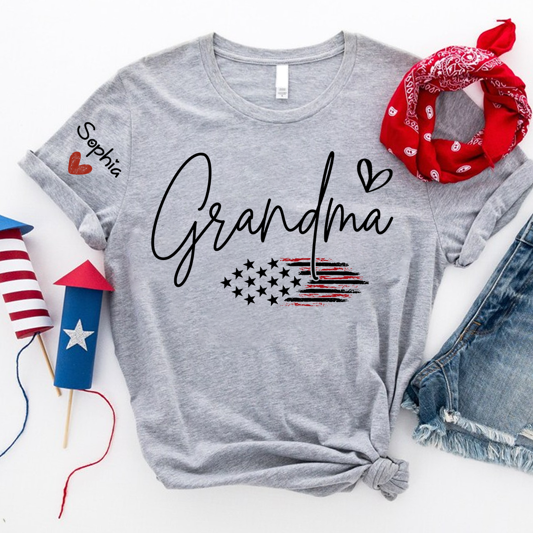 Personalized Grandma American Flag T-Shirt, Custom Design with Name, Patriotic Family Shirt for 4th of July, Gifts for Mother's Day, Birthday