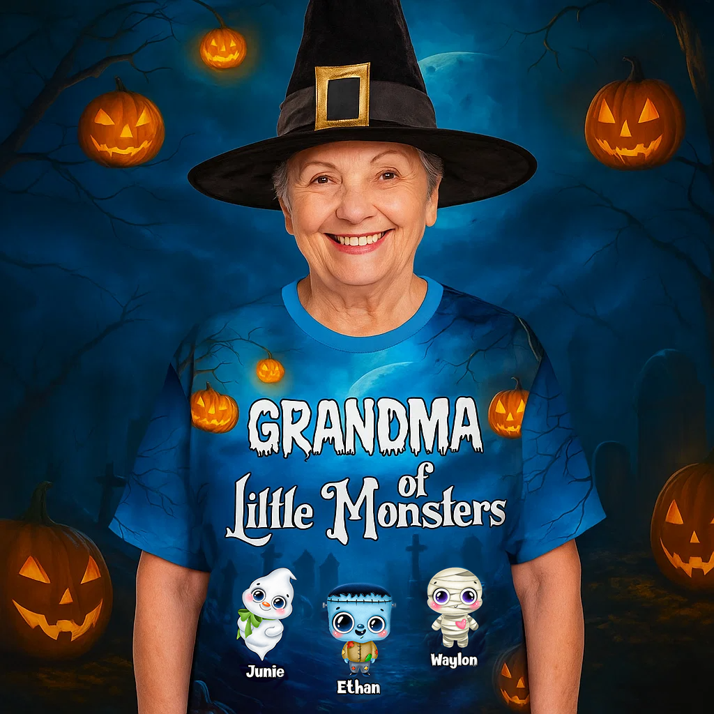 Personalized Grandma Of Little Monsters Halloween 3D Shirt – Custom Grandkids Names & Cute Characters Tee Gift 3D T-Shirt