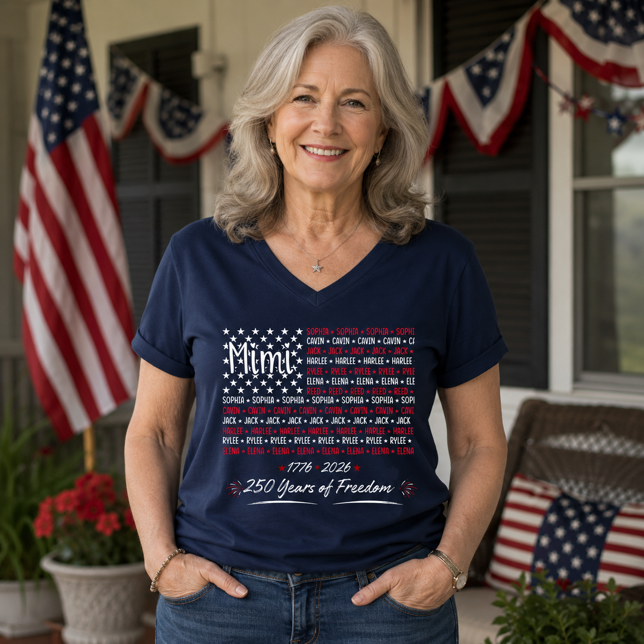 Personalized Mimi American Flag Shirt with Grandkids Names, Comfort Colors® USA 250th Anniversary Patriotic Shirt, Custom Grandma 1776-2026 Family Tee