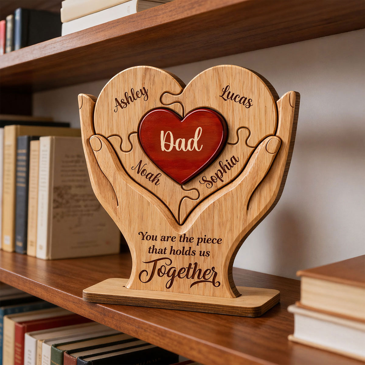 Personalized Wooden Puzzle Plaque for Dad – Custom Family Name Heart Sign, Father’s Day Gift from Kids 2-Layered Wooden Plaque