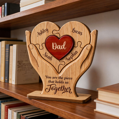 Personalized Wooden Puzzle Plaque for Dad – Custom Family Name Heart Sign, Father’s Day Gift from Kids 2-Layered Wooden Plaque