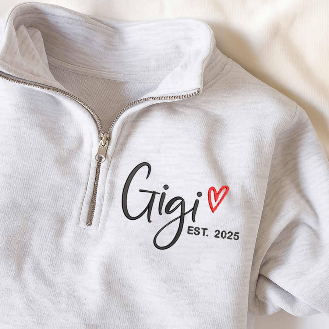 Custom Gigi Heart Est Sweatshirt, Personalized Gigi And Grandkids Embroidered Quarter Zip Sweater