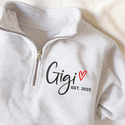 Custom Gigi Heart Est Sweatshirt, Personalized Gigi And Grandkids Embroidered Quarter Zip Sweater