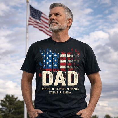 Custom Papa Shirt with Distressed USA Flag – Personalized Father Gift Featuring Grandkids or Kids Names