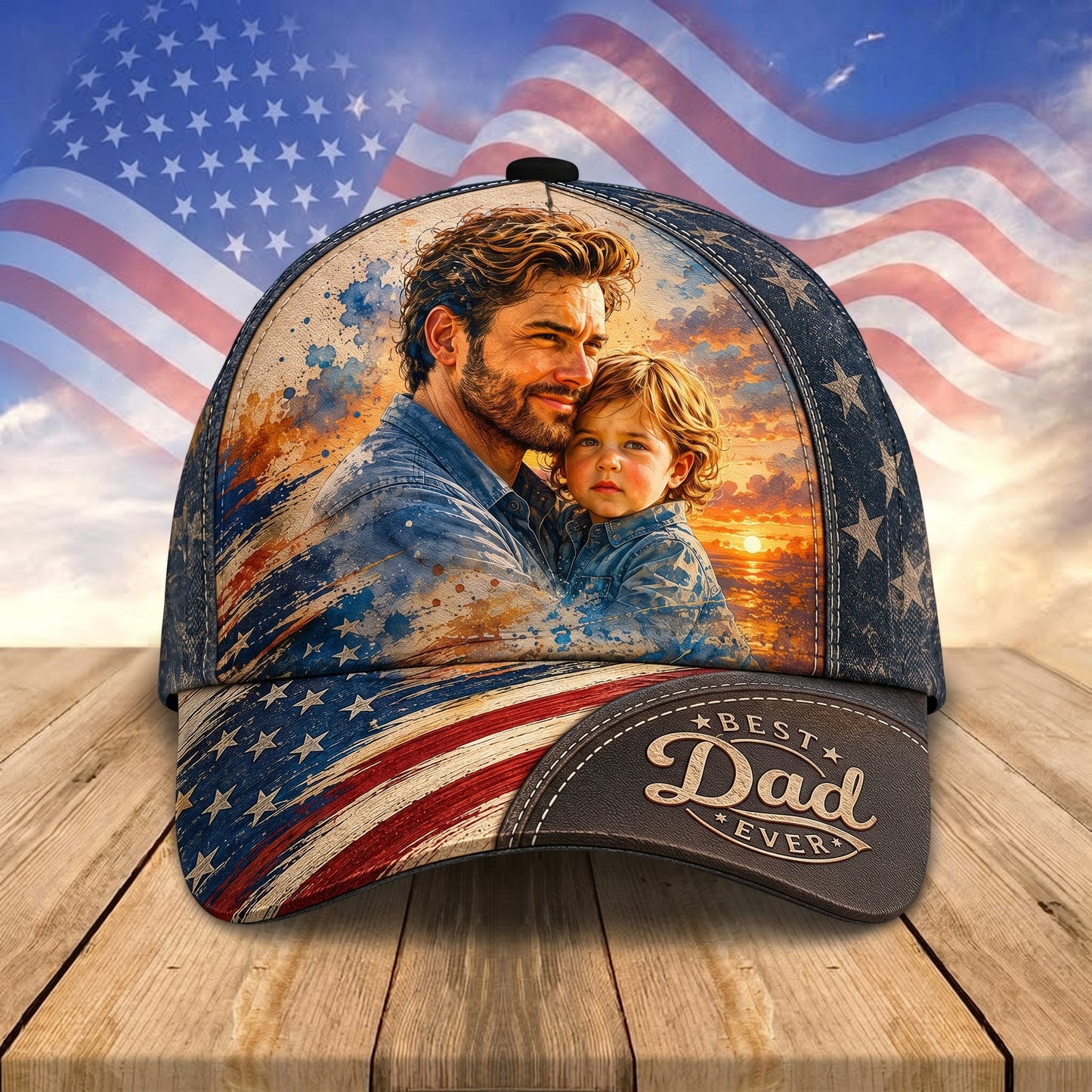 The Patriotic "Best Dad Ever" Custom Photo Watercolor Cap