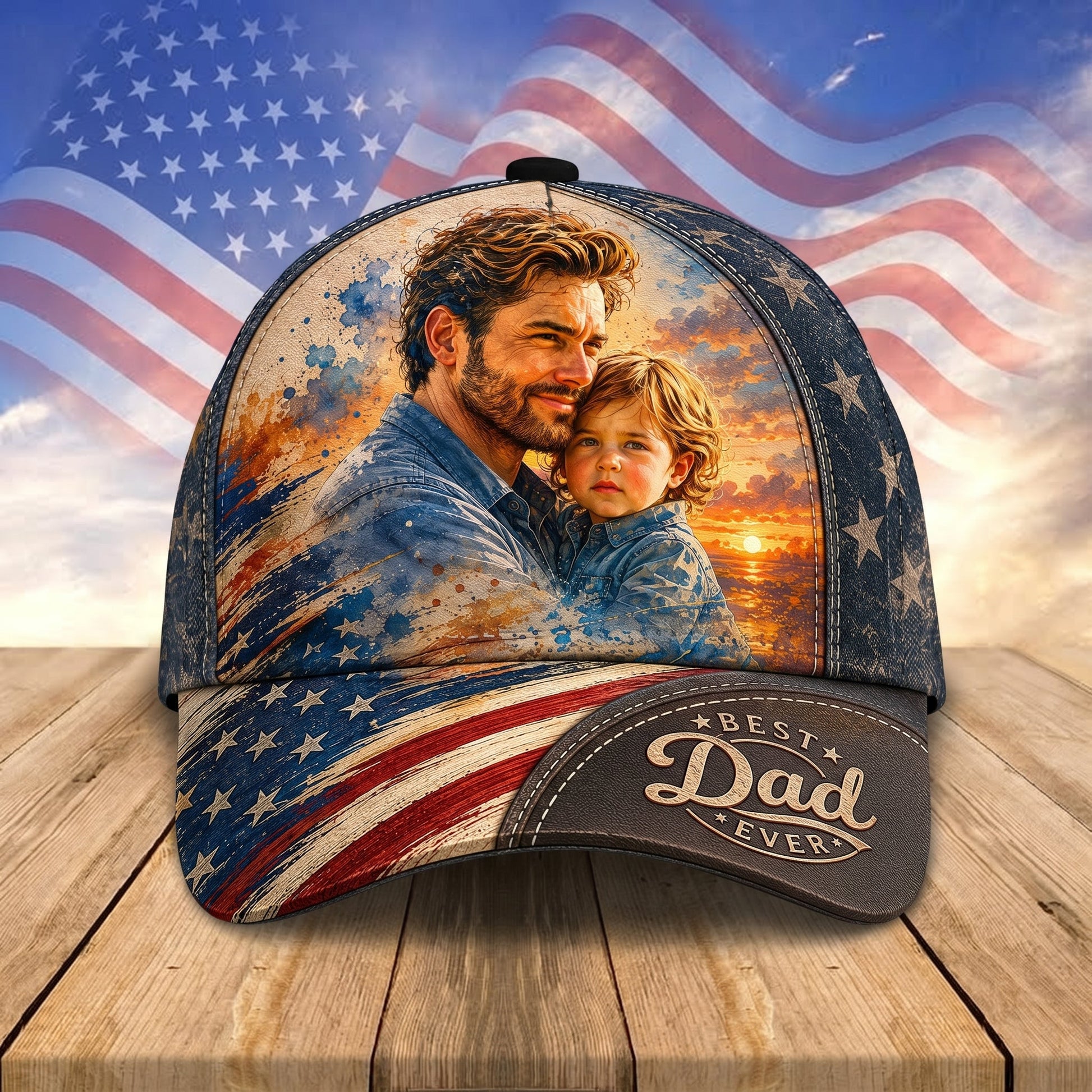 The Patriotic "Best Dad Ever" Custom Photo Watercolor Cap