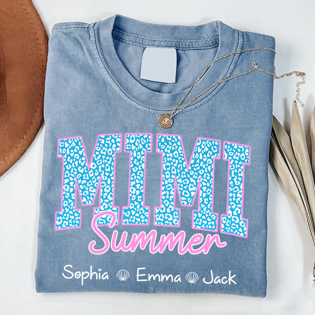 Comfort Colors® Personalized Mimi Summer Shirt, Custom Grandkids Names Shirt, Leopard Heart Grandma Shirt, Summer Gift for Mimi Nana Gigi, Birthday Mothers Day Shirt