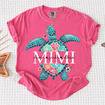Comfort Colors® Personalized Mimi Sea Turtle Shirt, Custom Grandkids Names Beach Shirt, Coastal Summer Vacation Shirt for Grandma, Ocean Lover Gift for Mimi Nana Gigi
