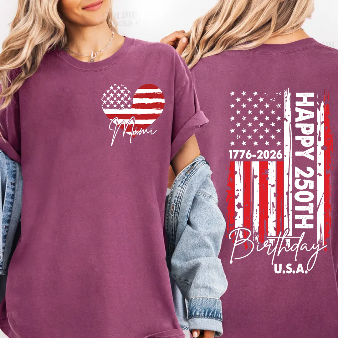 Personalized Mimi Patriotic Heart Flag Shirt, Happy 250th Birthday USA Grandma Shirt for Nana Gigi Mimi, 250 Years of Freedom 4th of July Comfort Colors® Shirt