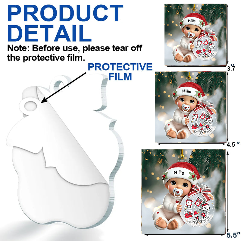 Baby Beside Christmas Bauble – 3D Effect Baby’s First Christmas Personalized Acrylic Flat Ornament, Custom Holiday Keepsake Gift for Newborns Ornament