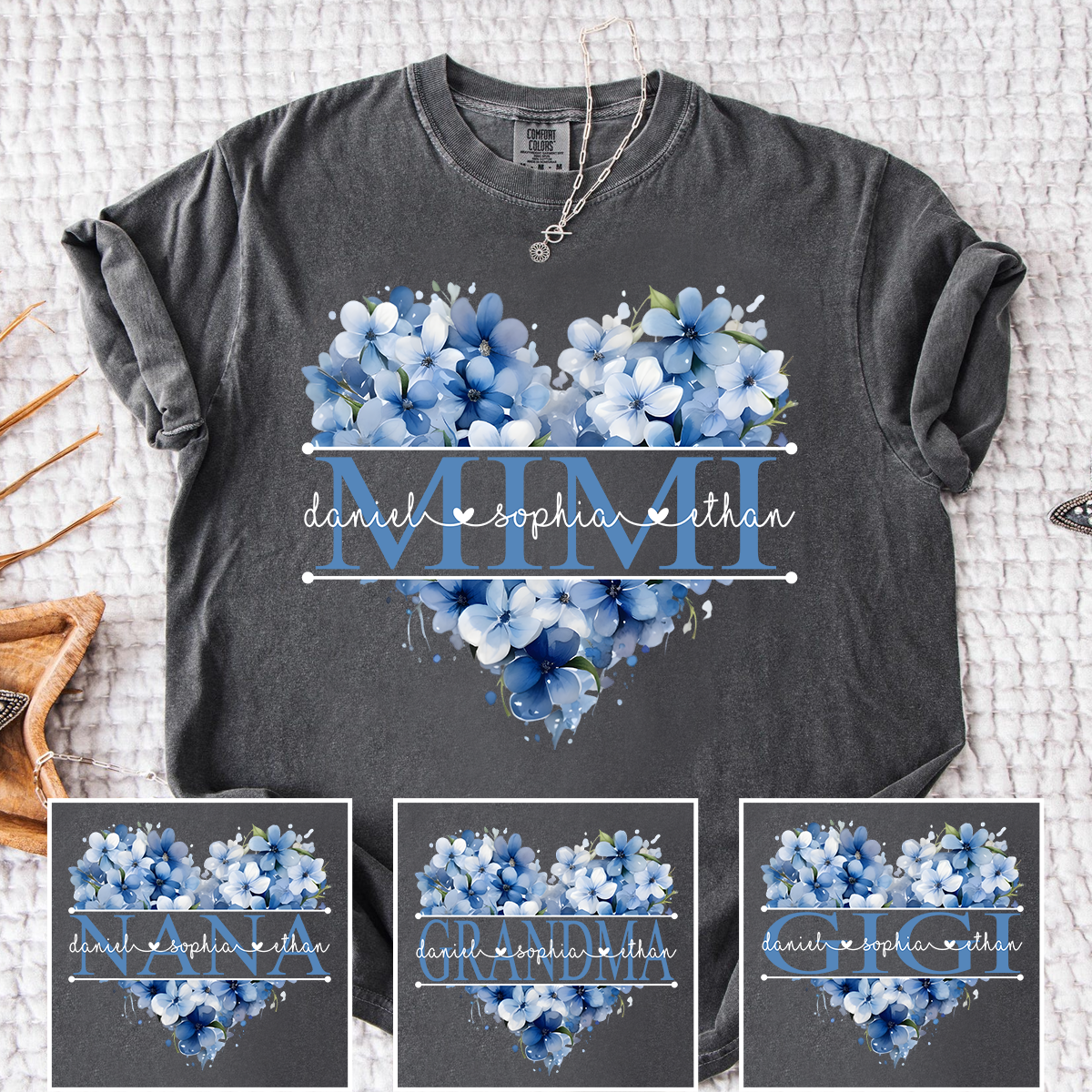 Comfort Colors Personalized Mimi Shirt with Blue Floral Heart Design, Custom Grandma Gift with Grandkids Name