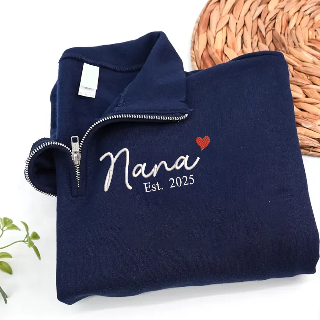 Nana Heart Sweatshirt, Personalized Nana And Grandkids Embroidered Quarter Zip Sweater