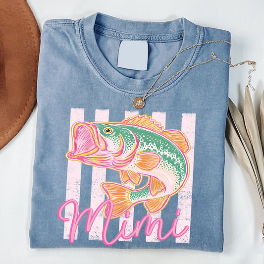 Comfort Colors® Personalized Mimi Fishing Preppy Summer T-Shirt – Trendy Colorful Fish Graphic Tee for Grandma, Beach Vacation, Summer Vibes, Grandma Birthday Shirt