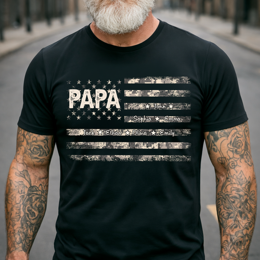 Personalized Papa American Flag Shirt with Kids Names, Custom Grandpa Patriotic Family Shirt, Vintage USA Flag Papa Grandpa Shirt for Fathers Day Birthday Gift
