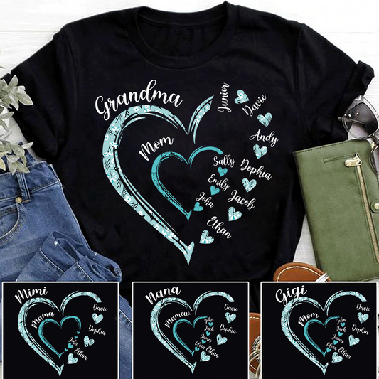 Heart Mom Grandma And Kids Custom Name Mother's Day T-Shirt