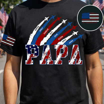 Personalized Papa Airplane Shirt, Custom Kids Names Patriotic T Shirt for Papa, 4th of July American Flag Family Gift