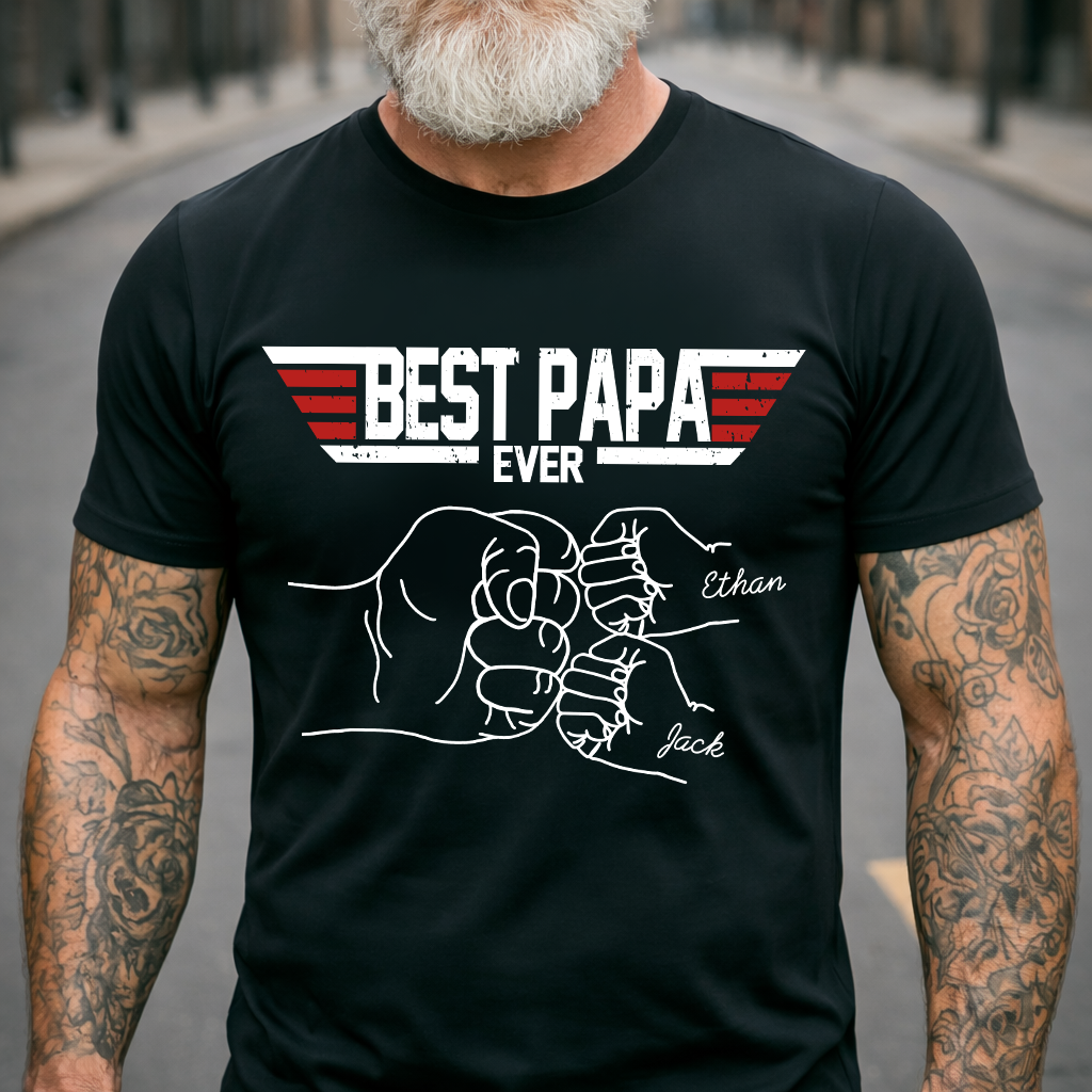 Best Papa Ever Shirt Personalized Kids Names, Custom Grandpa Fist Bump T Shirt for Dad Papa Grandfather, Fathers Day Family Gift