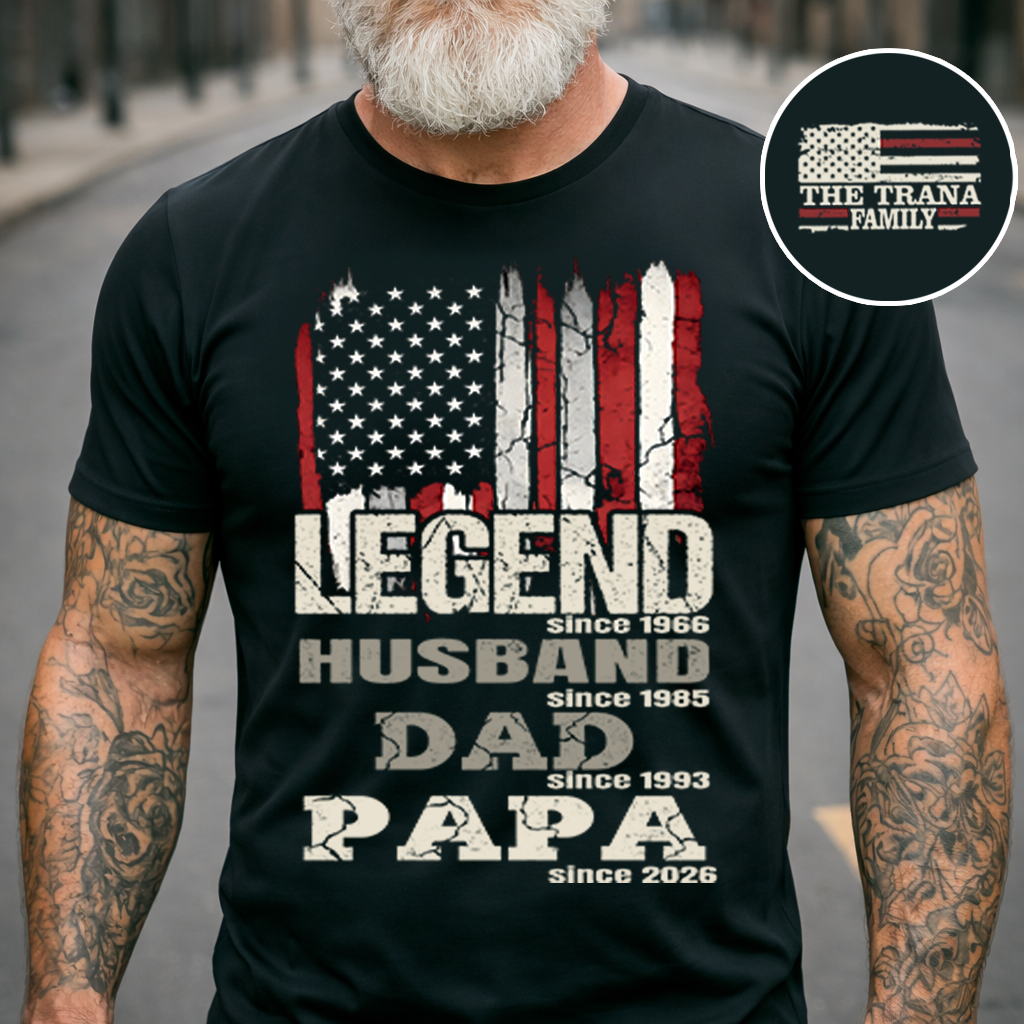 Personalized Patriotic T-Shirt for Dad, Husband, or Papa, Custom Family Shirt with American Flag, Perfect for Father's Day or Birthday