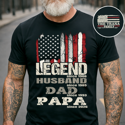 Personalized Patriotic T-Shirt for Dad, Husband, or Papa, Custom Family Shirt with American Flag, Perfect for Father's Day or Birthday