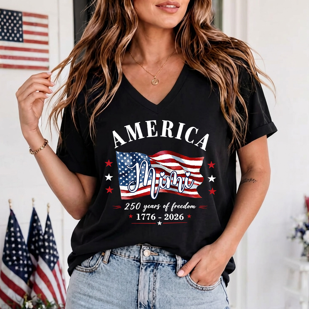 Personalized Mimi America 250 Years of Freedom V-Neck Shirt, Patriotic American Flag Shirt, 1776 2026 USA Celebration, Independence Day Birthday Gift for Mimi Nana Gigi