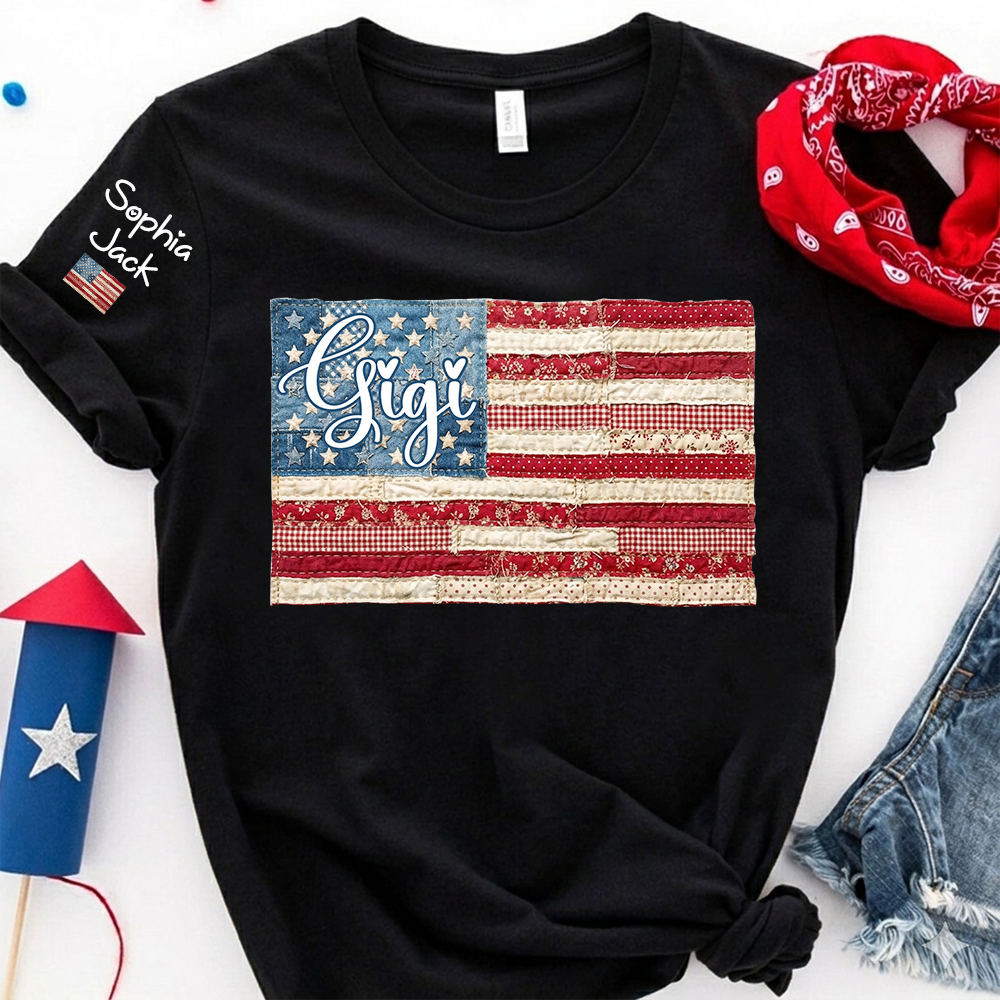 Personalized Gigi Patriotic Patchwork Flag Shirt with Custom Kids Names on Sleeve, Vintage Grandma Family Shirt for Women, 4th of July Birthday Shirt