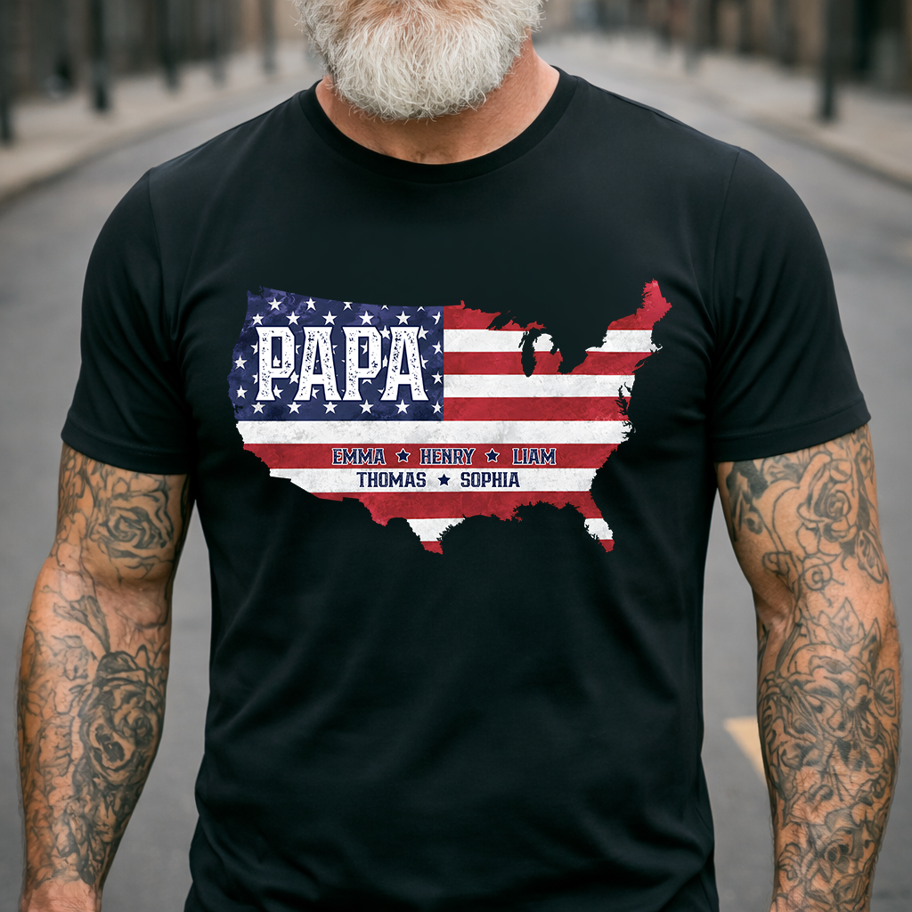 Personalized Papa American Flag Map Shirt Custom Kids Names, Patriotic Family Shirt for Dad Grandpa, Father's Day 4th of July