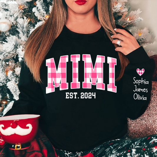 Custom Nickname Mimi Buffalo Plaid Pink And GrandKids Names Christmas 2024 Sweatshirt