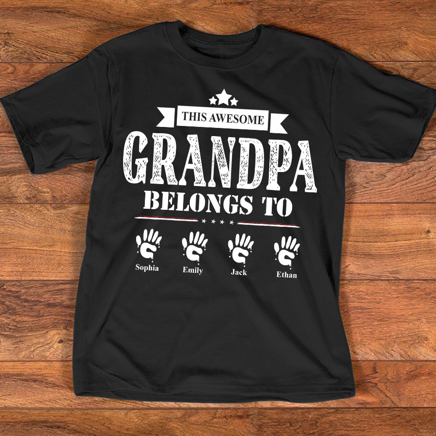 This Awesome Grandpa Belongs to Kids Shirt, Personalized Papa Tee with Kids Names, Patriotic Dad Shirt, Custom Grandpa Gift, 4th of July Family Shirt