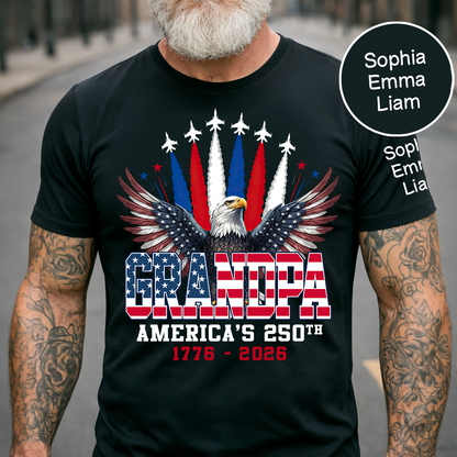Personalized Grandpa America's 250th Anniversary Shirt Custom Kids Names on Sleeve, Patriotic Eagle Independence Day Shirt, U.S. 250th Anniversary Apparel