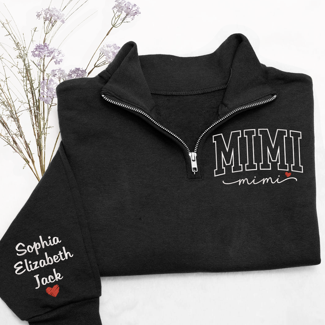 Personalized Mimi Sweatshirt, Mimi Heart And Grandkids Embroidered Quarter Zip Sweater